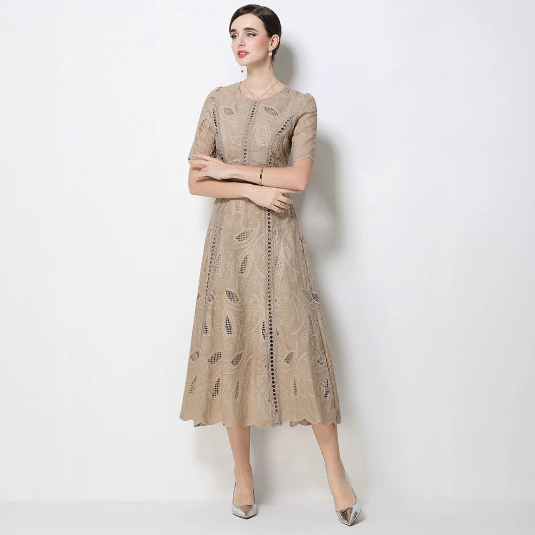 French Style Womens Dress Elegant Hollow Embroidery Waist Defining Slim Fit Summer Long Dress for Special Occasions