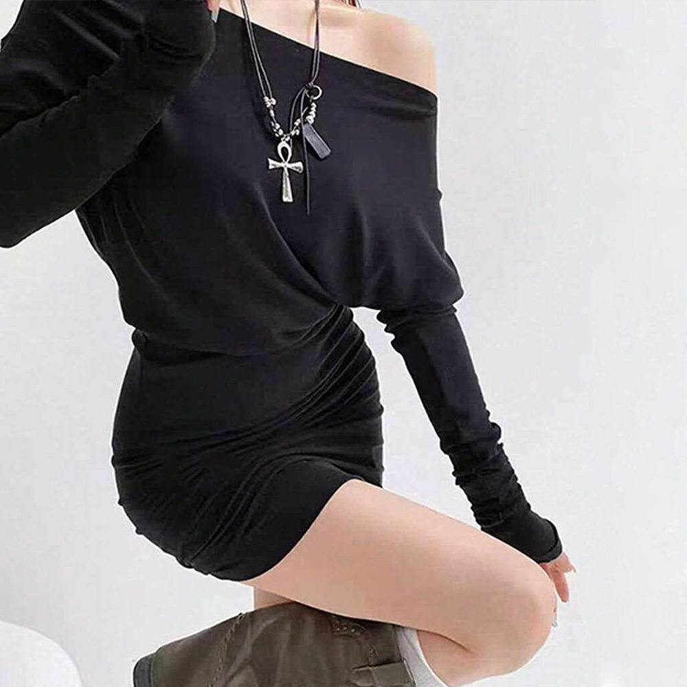 Off Shoulder Bodycon Dress Slim Fit Black Stylish Spring Summer Perfect for Work or Casual Occasions Wholesale