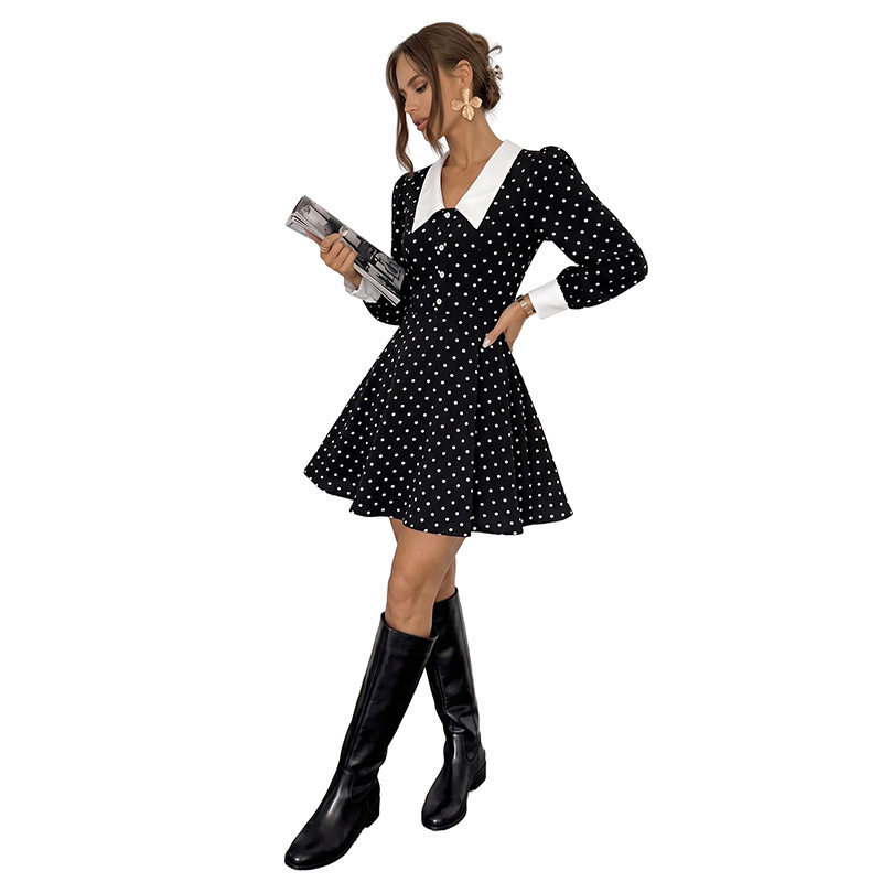 Retro Color Block Polka Dot Mini Dress Short Sleeve Lapel Collar Sweet Style Perfect for Casual Outings Wholesale