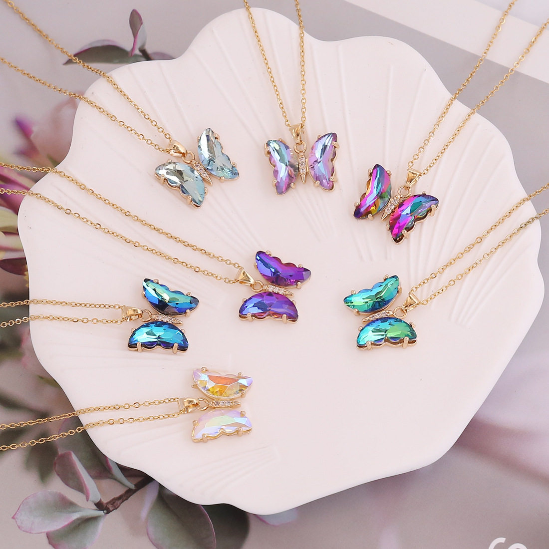 Cross-border Hot Sale Micro-inlaid Zircon Gradient Magic Color Butterfly Titanium Steel Necklace Women's Fashion Simple Elegant Personalized Copper Pendant