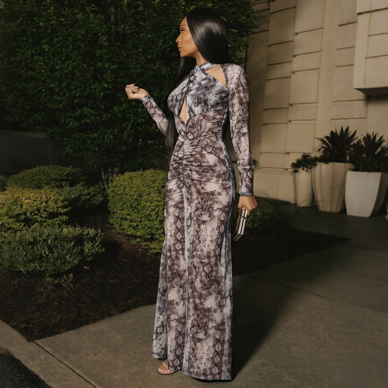Fashionable Womens Hollow Out Halter Neck Snake Print Sexy Dress Autumn Collection Wholesale Available