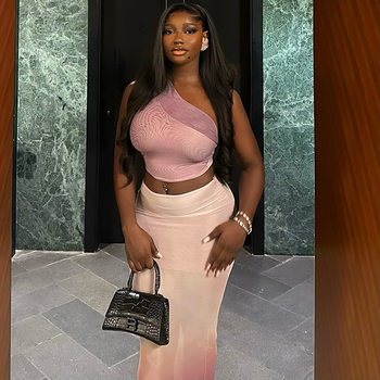 European and American Style Fresh Fashion Women's Umbilical Hip Tight Fit Gradient Dress Set Oblique Collar Micro-transparent Long Dress Two-piece Set