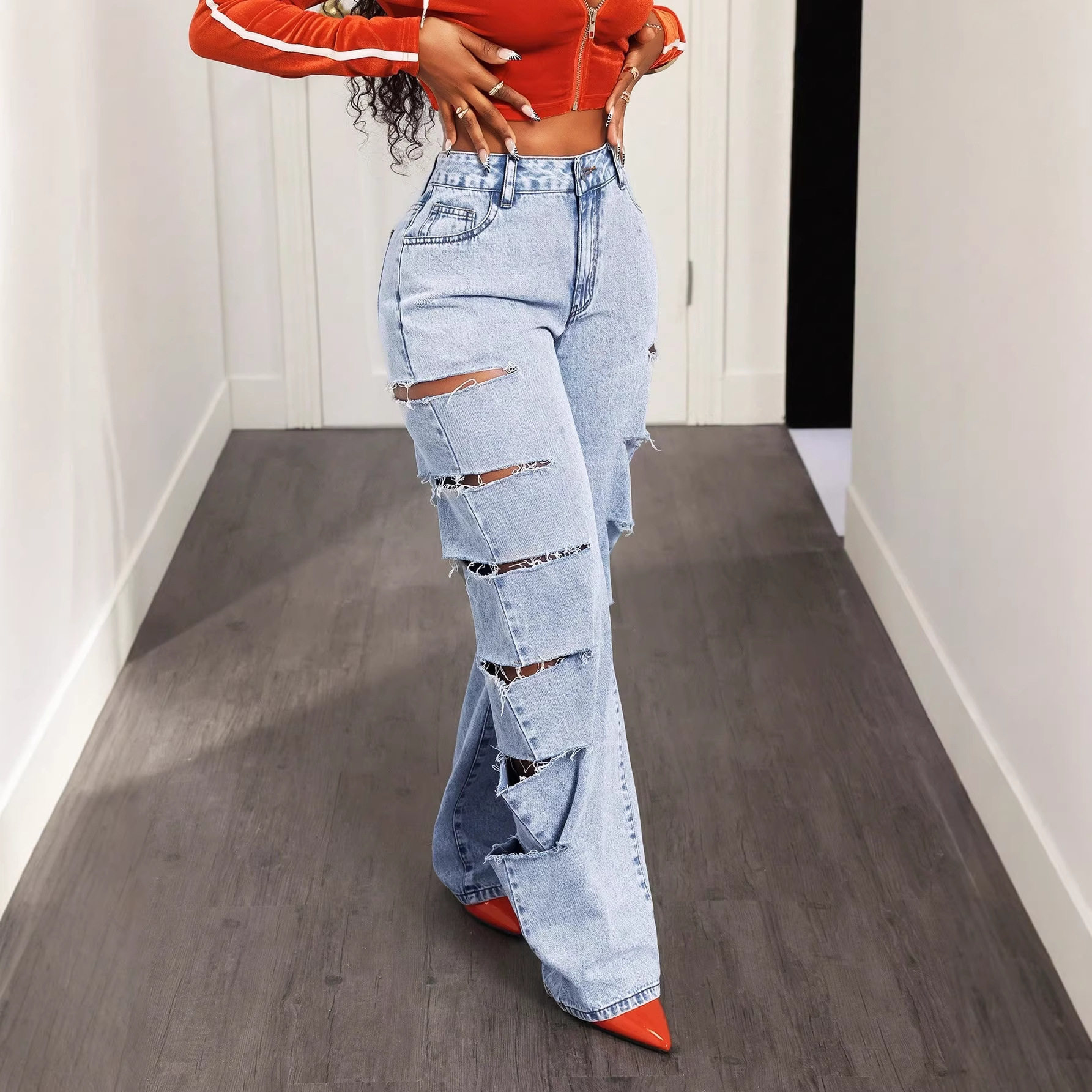 Wide Leg Denim Jeans Fashionable Loose Fit Hollow Out Design Versatile Style Casual Wear for Women Wholesale