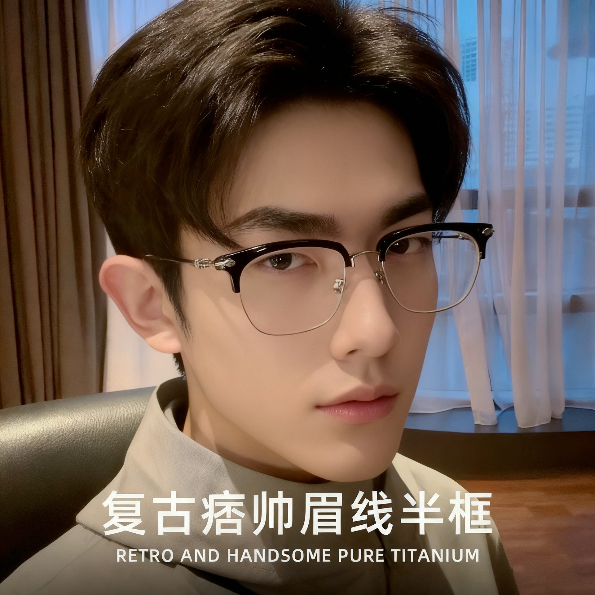 Crow Eyelash Frame Glasses Anti-Blue Light Half Frame Pure Titanium Frame Men's Handsome 31802 Retro Titanium Frame