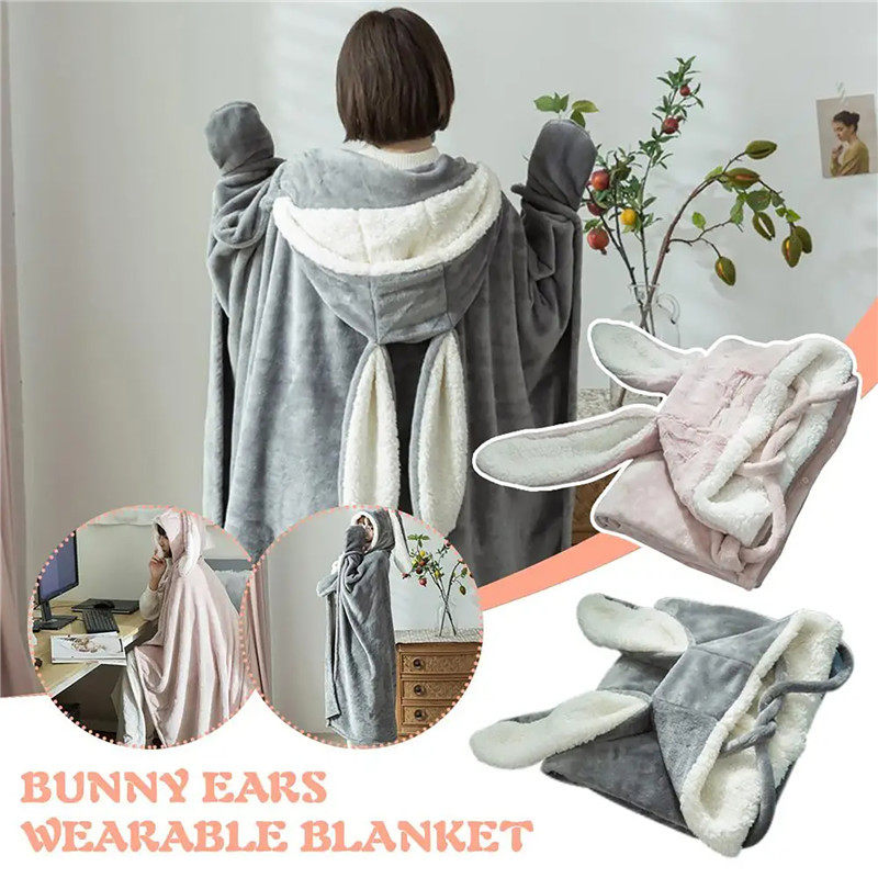 Amazon Shawl Blanket Wearable Cloak Blanket with Hooded Cute Rabbit Ear Bed Blanket Winter Adult Warm Blanket