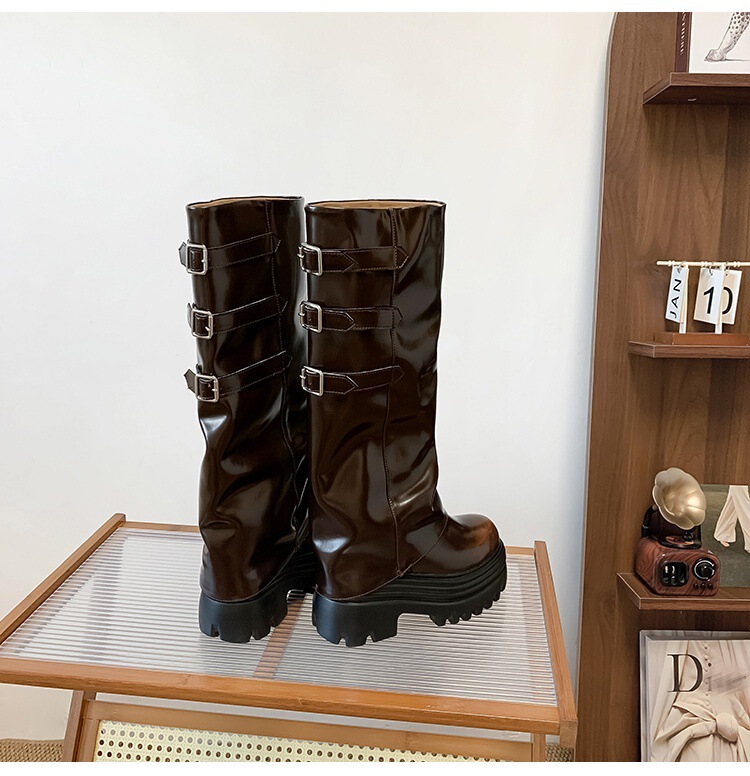 Boot nữ cổ cao ôm bắp chân da bò đế dày tôn dáng — Lớp lót đơn màu nâu 12cm, Lớp lót đơn màu nâu 15cm, Lớp lót đơn màu trắng nhạt 12cm, Lớp lót đơn màu trắng nhạt 15cm