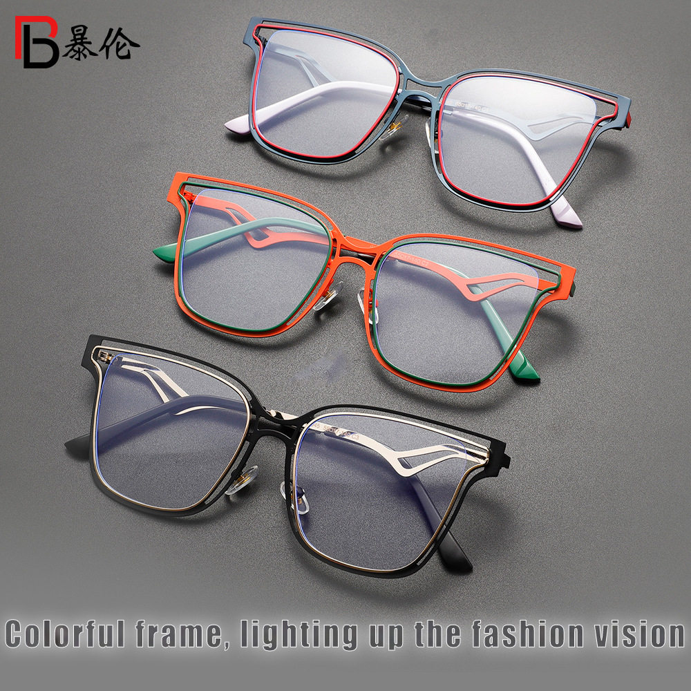 Cross-Border Trendy Large-Frame Metal Thin-Leg Plain Glasses Frame European and American Ins Style Internet Celebrity Street Photography Anti-Blue Light Flat Mirror