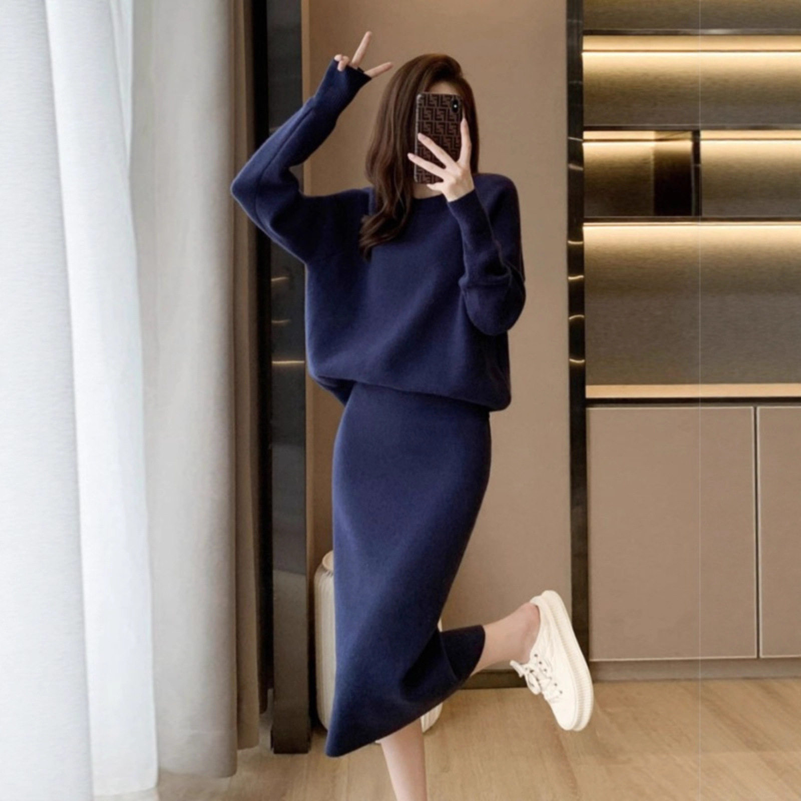 2025 Tweed Style Winter Bat Sleeve Pullover Knitwear Women's Knitwear Two-Piece Skirt Slim Slit over the Knee