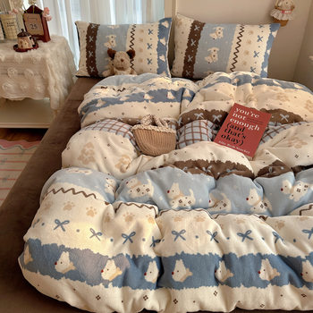 Category a Leopard Print Cat Milk Velvet Bed Four-Piece Winter Thickeneded Warm Coral Flannel Quilt Cover Three-Piece Set