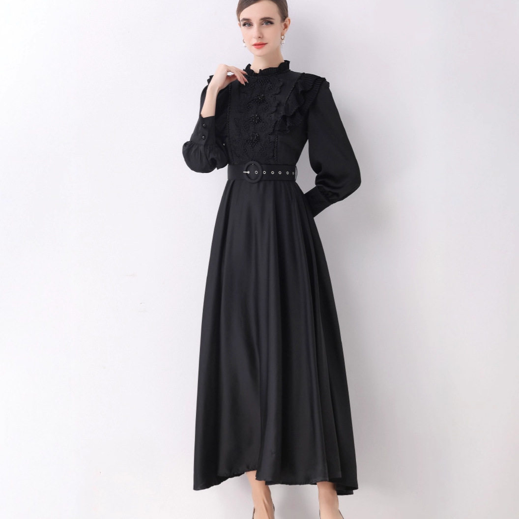 French Elegant Lace Panel Ruffled Hem Maxi Dress for Women Satin Fabric Waist Defining Flattering Fit Evening Wear