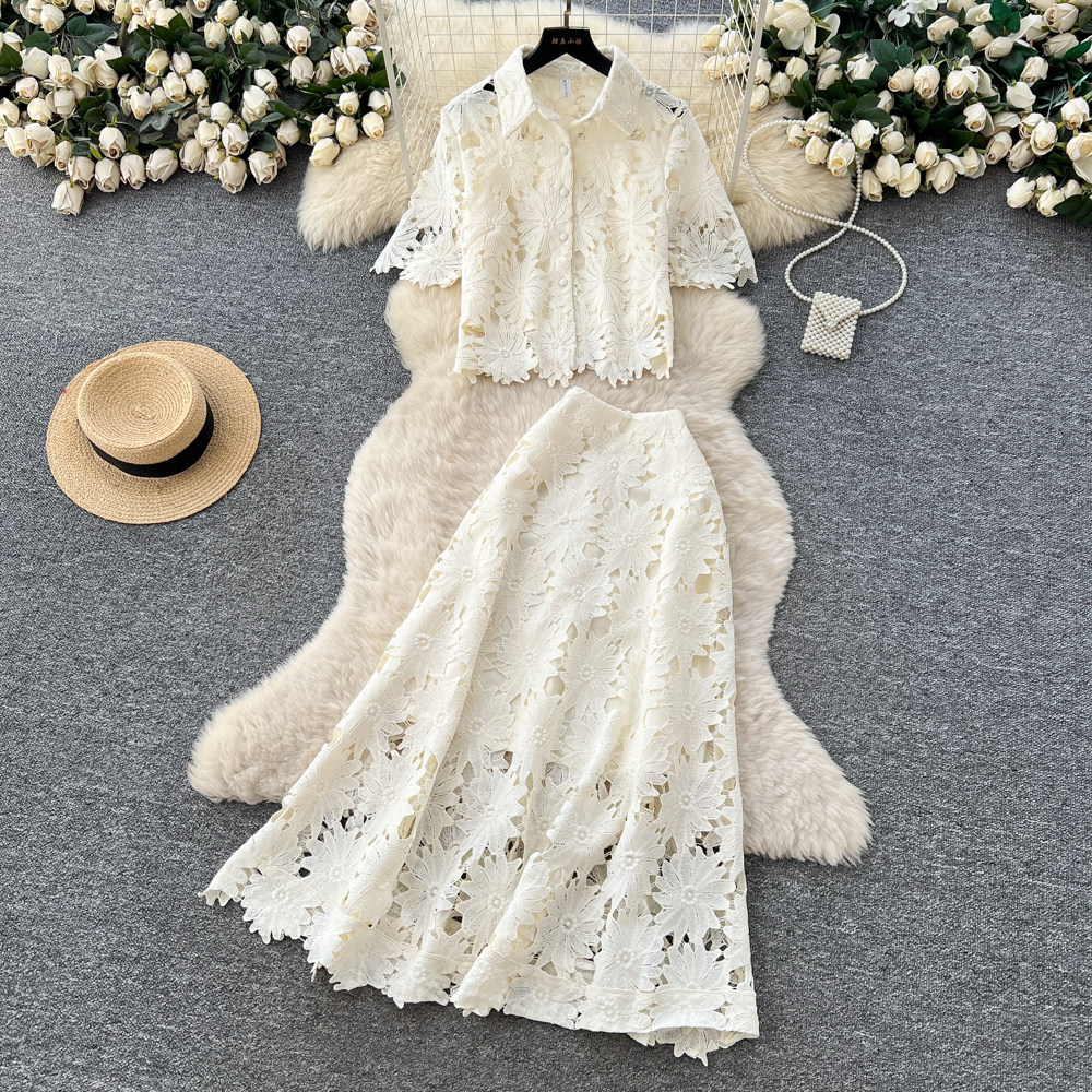 French Style Elegant Hollow Lace Two Piece Set Short Sleeve High Waist Fashionable for Spring and Autumn Wholesale