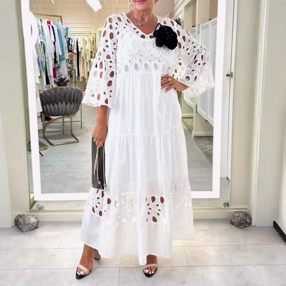Elegant Lace Hollow Out Maxi Dress Loose Fit V Neck Fashionable Style Perfect for Summer Events Wholesale Available