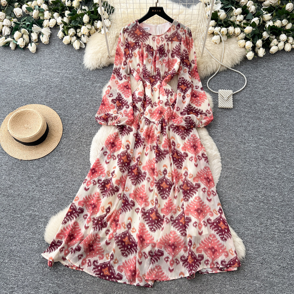 French Romantic Floral Print Dress Waist Defining A Line Silhouette Pleated Long Length Spring Fall Office Wear