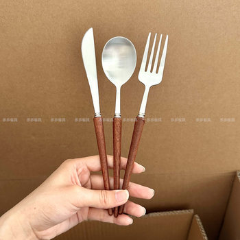 Light Luxury 304 Stainless Steel Wooden Handle Knife and Fork Western Tableware Portuguese Knife and Fork Spoon Tea Spoon Round Wooden Handle Laser LOGO