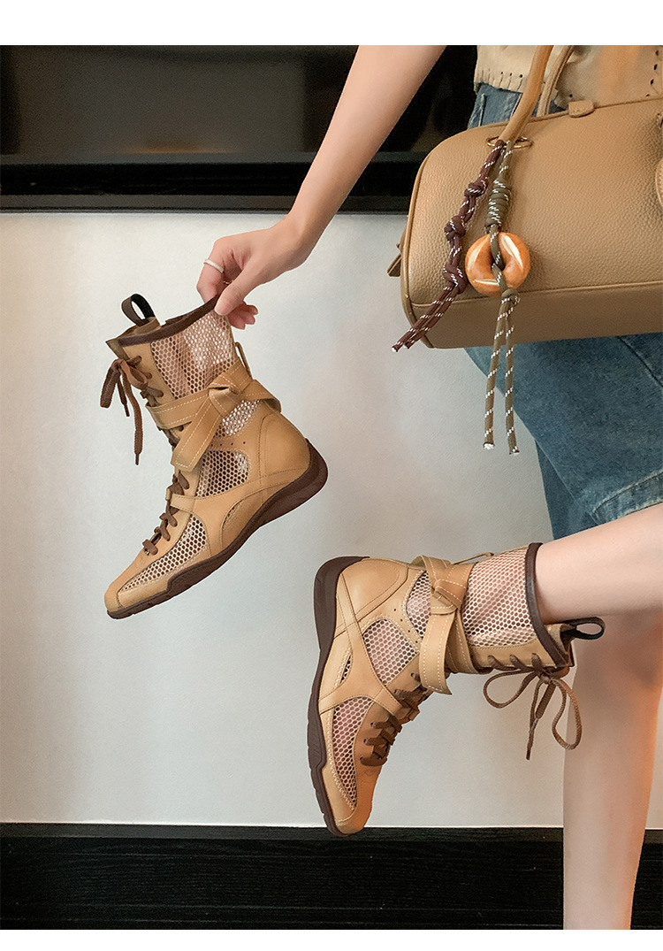 Boot nữ dây buộc phong cách boxing, đế dày, cổ thấp, khóa kéo bên hông — màu đen, Màu lạc đà, Màu nâu