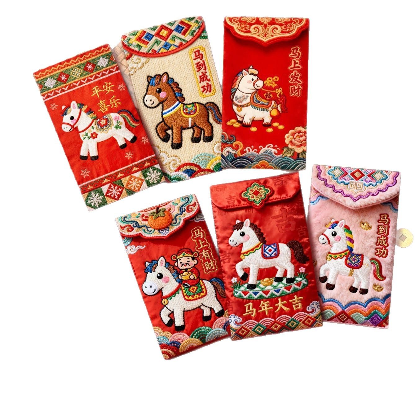 Tiktok Trending 2026 Year of the Horse Faux Flat Embroidery Cartoon Lucky Money Envelopes for Spring Festival Creative New Year Greeting Red Packets
