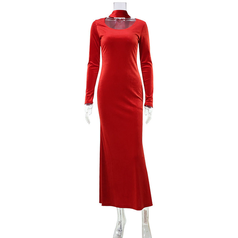 Red Long Sleeve Dress with Neck Scarf Elegant Fit Hepburn Style Perfect for Autumn and Winter Events Wholesale