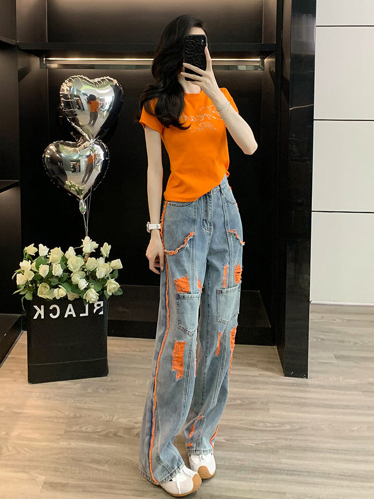 Street-Style Short-Sleeved T-Shirt Fashion Suit for Women Summer New Slim-Fitting Short Fashionable Jeans Orange Edge Two-Piece Set