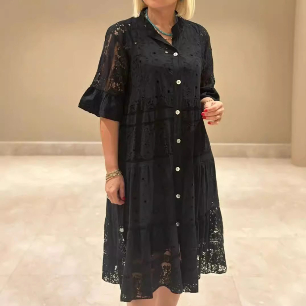 Summer Womens Dress Solid Color V Neck Button Detail Lace Insert Casual or Party Wear Wholesale Available