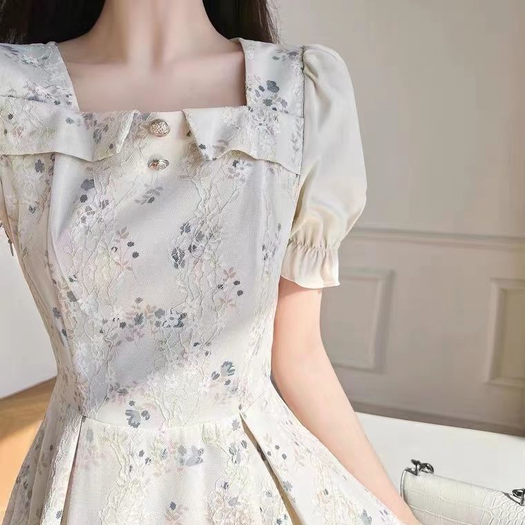 French Style Elegant Short Sleeve Maxi Dress Soft Floral Print White Color Summer Fashion Wholesale Available