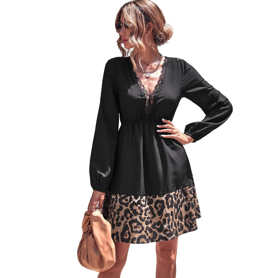Leopard Print V Neck Color Block Dress Versatile Style for Casual Wear Available for Wholesale bulk order