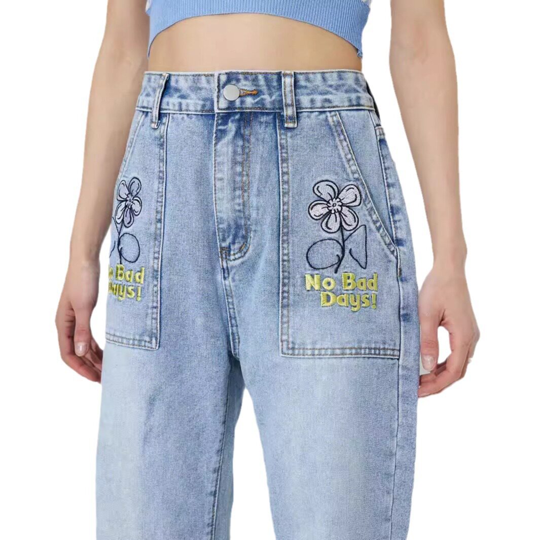 High Waisted Embroidered Wide Leg Jeans Loose Fit Denim Fabric Casual Style Ready to Ship factory direct