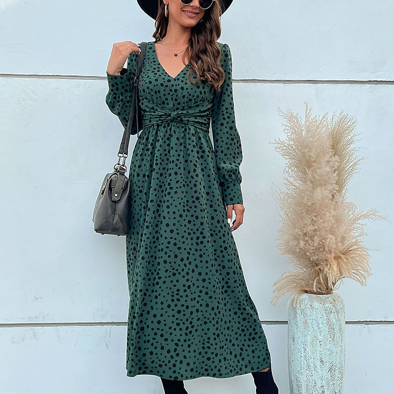 Long Sleeve Leopard Print Maxi Dress Green Color Trendy Design Autumn Fashion Wholesale Available
