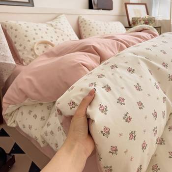 Amother and Baby Knitted Double-Layer Yarn Ins Style Four-Piece Set Simple Floral Quilt Cover Soft Bed Sheetss Student Dormitory Three-Piece Set