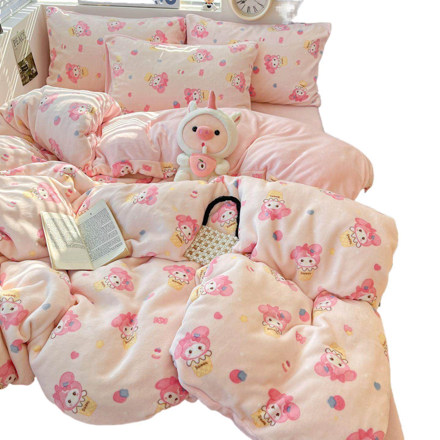 Class a Winter Thickeneded Milk Velvet Four-Piece Set Fleece-Lined Thickeneded Single Quilt Cover Cartoon Fresh Student Dormitory Three-Piece Set 4