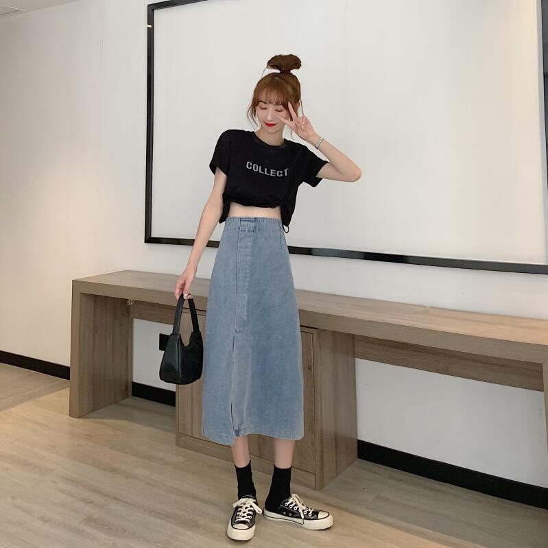 Vintage High Waisted A Line Denim Midi Skirt Slim Fit Side Slit Versatile Style Spring Summer Fashion Wholesale