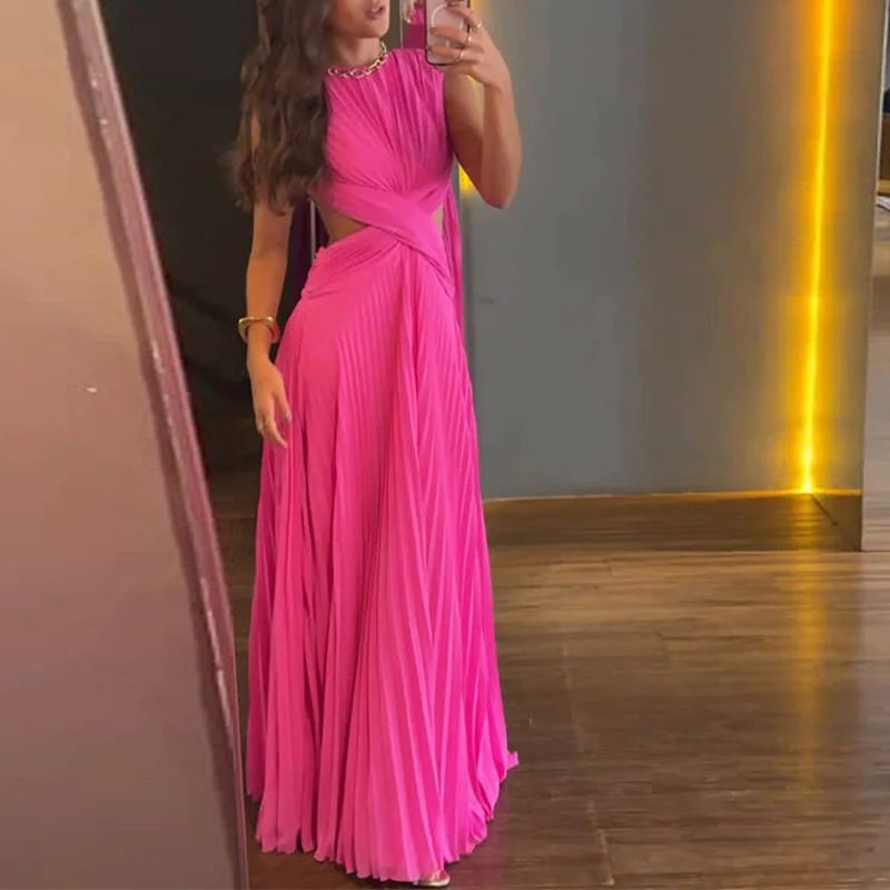 Summer Womens Dress Sexy Sleeveless Round Neck Crossed Pleats Backless Slim Fit Casual or Evening Wear