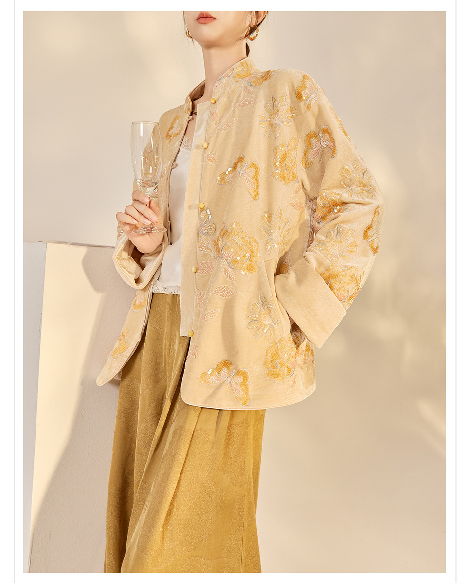 Áo khoác nữ cổ đứng dài tay thêu hoa đính kim sa phong cách retro — Màu cam mơ (giao hàng trong 7 ngày), Màu cam mơ (giao hàng trong ngày)