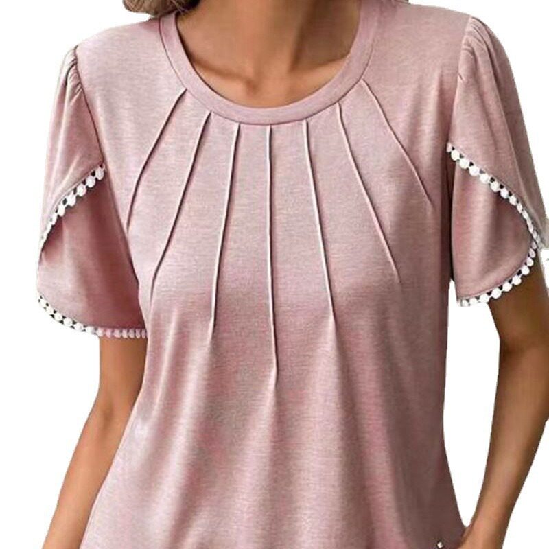 Short Sleeve Pleated T Shirt Round Neck Petal Sleeves Lightweight Fabric Summer Casual Wear for Women Wholesale
