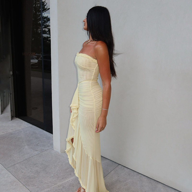 Spring Womens Dress Solid Color Ruffled Hem Sexy Strapless Bodycon Side Slit Perfect for Parties and Events