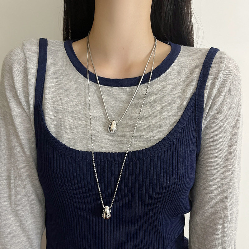Simple silver Water Drop Titanium Steel Necklace Women's Color-free Light Luxury Niche High-end Long Sweater Sweater Chain Accessories