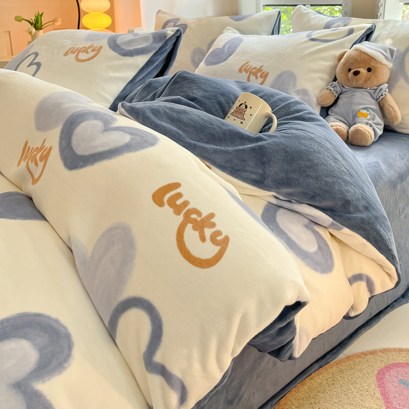 Winter Bed Four-piece Milk Velvet Quilt Cover Flannel Bed Sheet Student Dormitory Double-sided fleece-lined Three-piece Set Home