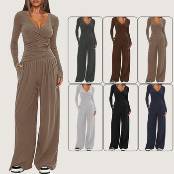 2025 Autumn and Winter European and American Cross-Border Wide-Leg Pants Suit Women's Long-Sleeved Multi-Occasion Sportswear Amazon Best-Selling Model
