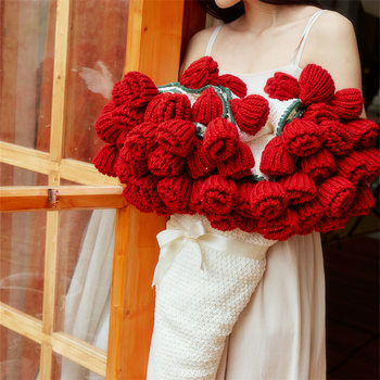Gg French Rose Bouquet Knitted Blanket Finished Nap Blanket Hand-Knitted Valentine's Day Wedding Gift for Best Friend