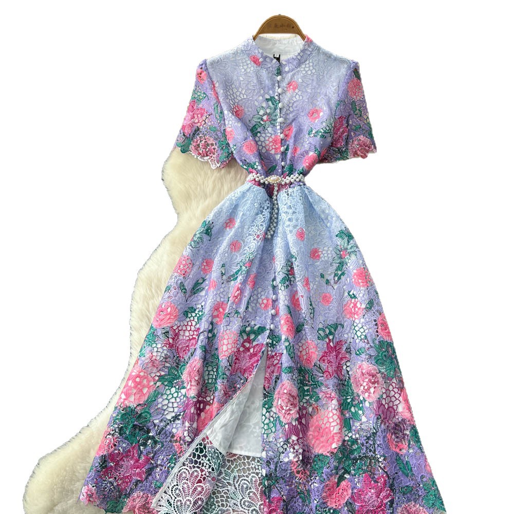 Vintage Lace Print Dress French Design Hollow Out High Waist A Line Silhouette Elegant for Parties or Special