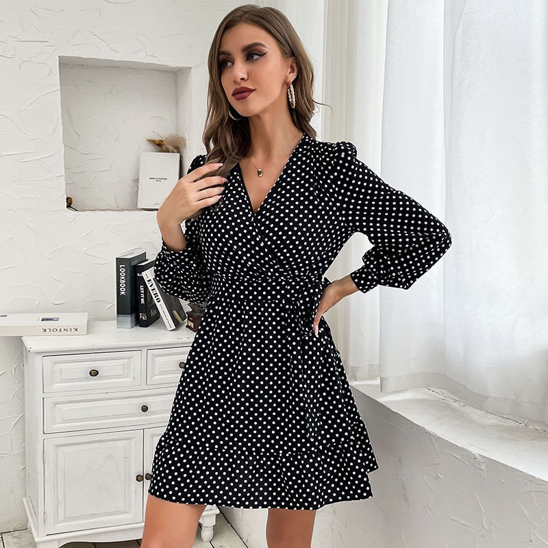 Polka Dot Long Sleeve V Neck Black Dress Trendy Design Elegant Style Perfect for Parties Wholesale Available