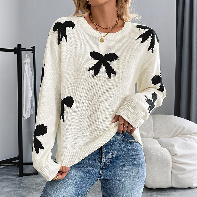 Sweet Floral Knit Sweater Round Neck Bow Detail Autumn Winter Style Perfect for Holiday Celebrations Wholesale
