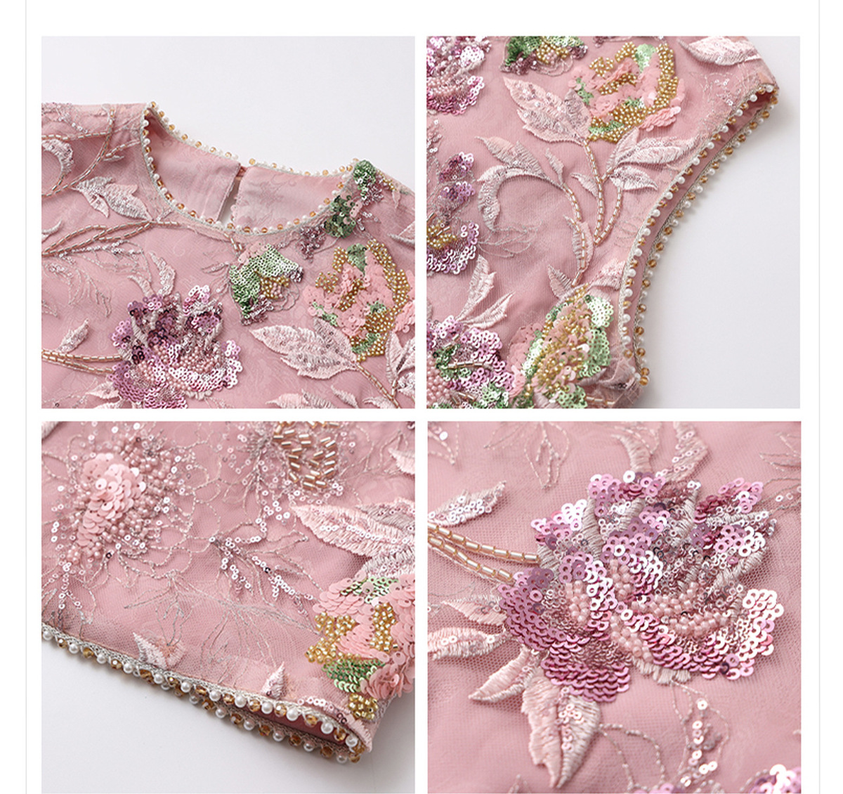 Đầm liền thêu cao cấp không tay dáng chữ A phối sequin lấp lánh — Bột Begonia (giao hàng trong 7 ngày), Bột Begonia (phát hành trong cùng ngày)
