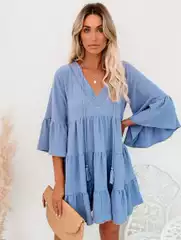 2021 Cross-Border Independent Station Pullover V-Neck Sexy Solid Color Skirt Loose Waist Flared Sleeve Dress
