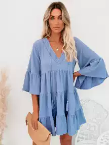 2021 Cross-Border Independent Station Pullover V-Neck Sexy Solid Color Skirt Loose Waist Flared Sleeve Dress
