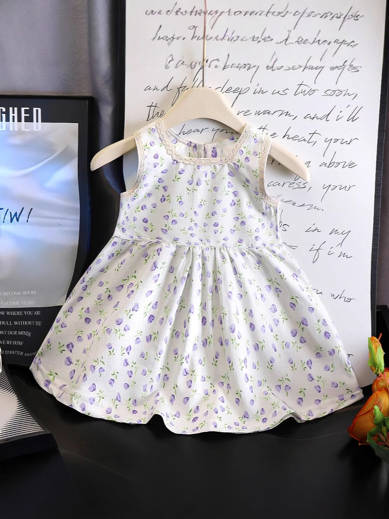 Gaun putri motif bunga penuh anak perempuan baru musim panas, gaya liburan manis, gaun tali