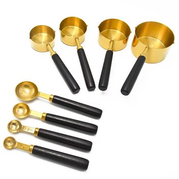 Coffee measuring bean spoon thickened 8 piece set gold plated brass measuring cup measuring spoon walnut rose gold plated copper measuring spoon