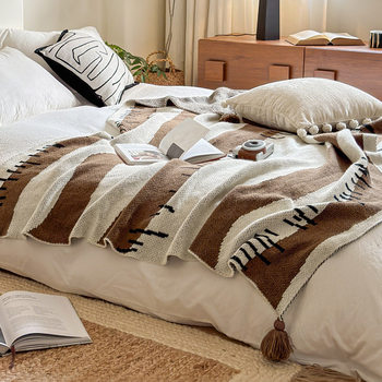 Simple Brown Knitted Sofa Blanket, Bed End Towel, Casual Blanket, Retro Knitted Blanket, Air-Conditioned Nap Living Room Blanket