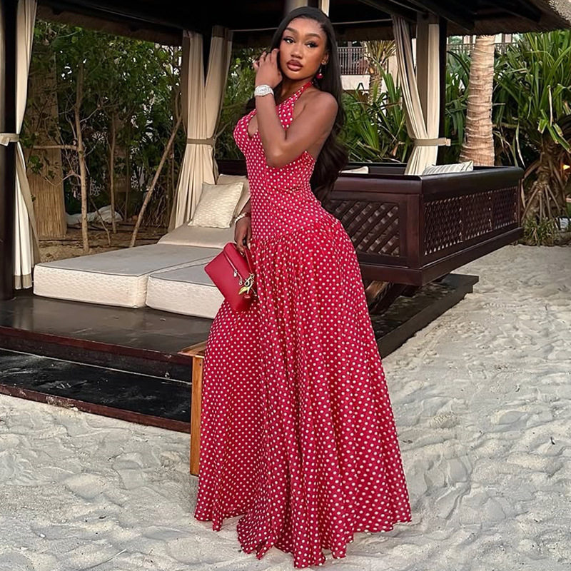 Polka Dot Watermark Backless Dress Slim Fit Halter Neck Elegant Style Summer Collection Wholesale Available