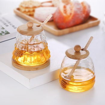 Household Transparent Glass Honey Jar Creative Glass Sealed Box Storage Jar with Lid Glass Stirring Rod Honey Bottle
