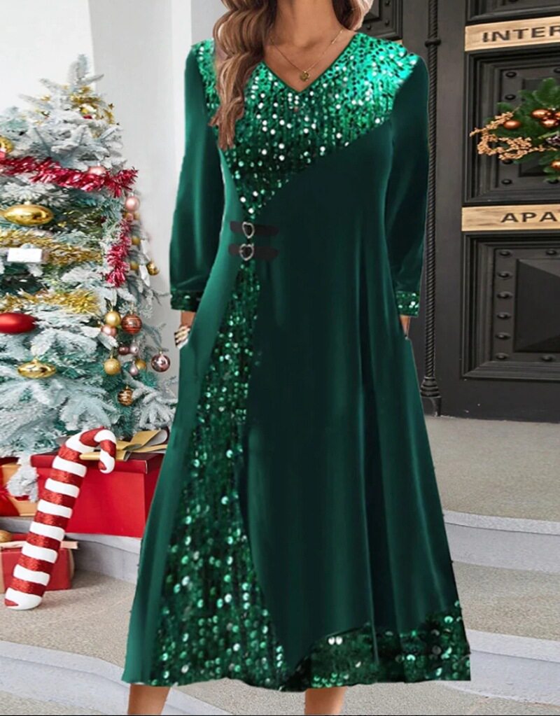 V Neck Long Sleeve Dress Solid Color Sequin Detail Elegant Style Perfect for Autumn and Winter Wholesale Available